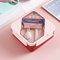 Boîte à lunch carrée en plastique PP, 3 compartiments, boîte à bento scolaire avec cuillère et bâtonnets