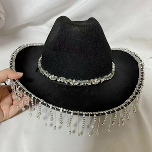 Wedding Party <strong>Bride</strong> <strong>Cowgirl</strong> <strong>Hat</strong> Black Western Rhinestone Fringe Cowboy <strong>Hat</strong> - Product Image 2