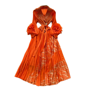 Robe longue plissée décontractée à col rabattu pour femme, manches lanternes, taille empire, dentelle 3D – Collection Automne 2025 - Product Image 2
