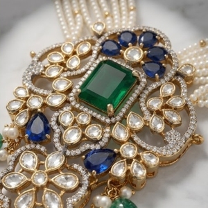 Luxury 925 Silver Beaded <b>Necklace</b> Set with Emerald Cut Stones and Seawater Pearls for Women Flower Pattern Strand - Product Image 3