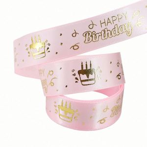 In Stock Festive 1.9cm 10 Yards Happy Birthday Gold Foil Satin <b>Ribbon</b> for Bouquet Decor & <b>Cake</b> Embellishment - Product Image 6