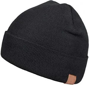 Dipersonalisasi topi rajut hitam dengan bulu bergaris uniseks, topi Beanie untuk pria wanita musim dingin, topi rajut tengkorak, topi Beanie Logo kustom