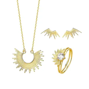 Damila 925 sterling silver fashion statement jewelry set 18k gold irregular strip sunrise big sun pendant necklace