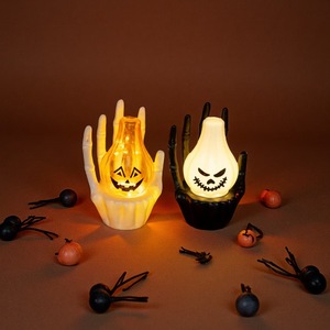 Luci LED a Forma di Mano di Scheletro e Zucca per Halloween, Candela Elettronica Bianco Caldo con Volti Spaventosi per Decorazioni da Tavolo e Feste - Product Image 1