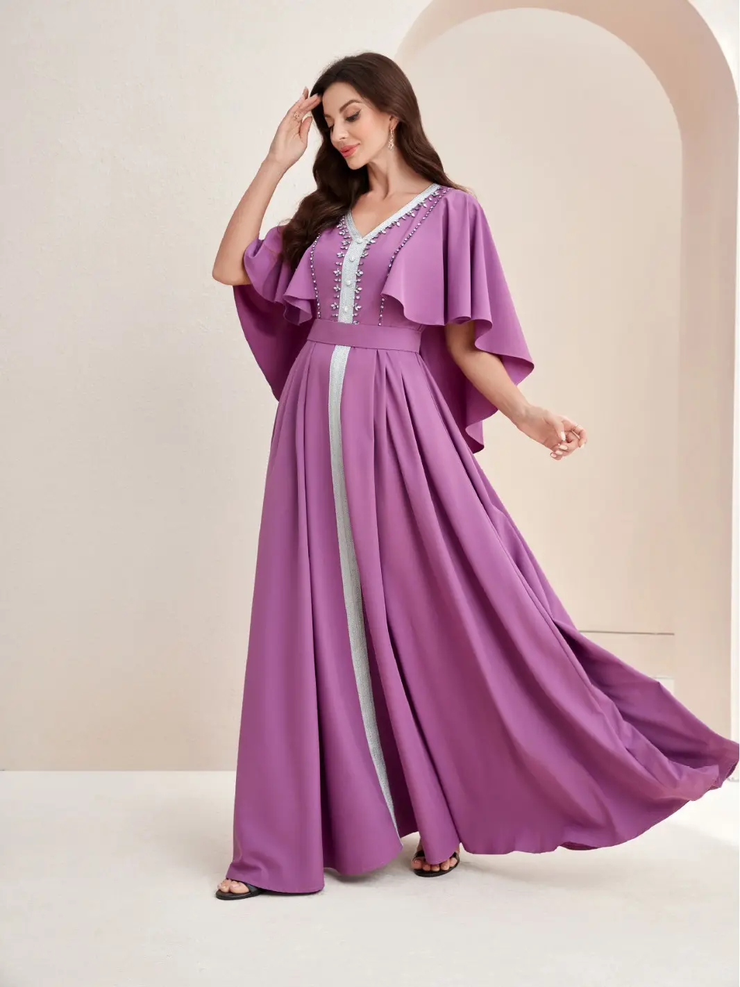 Gaun maxi manik-manik desain baru gaun muslim wanita wanita elegan ungu Turki burkha abaya untuk Gadis muslim
