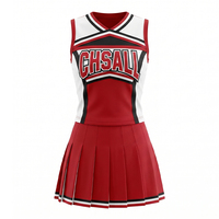 Uniforme de Animadoras Rojo y Blanco Listo para Competencia, Top sin Mangas y Falda con Pompones para Presentaciones