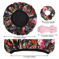 Bonnet de douche pour femme, 2 pièces 3 couches de bonnets de douche doublés éponge + 2 chouchous en satin, bonnets de bain en tissu éponge imperméable pour la douche