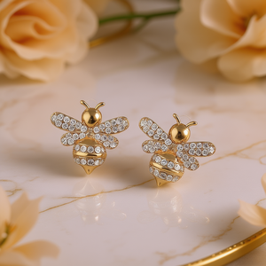 Pendientes de Abeja Dorada con Cristales de Estrás, Diseño de Insecto, Joyería Linda para Uso Diario de Mujeres, Chapados en Oro de 22k - Product Image 2