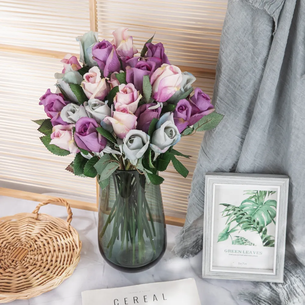 Rosas artificiales de seda decorativas para el hogar, rosas de tacto real para mesa de boda, centros de mesa