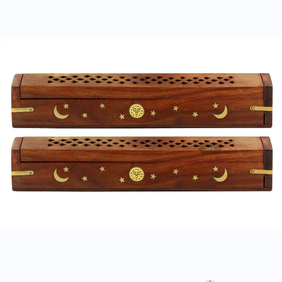 Wood Incense Burner Holder - Set of 2 Coffin Style Sun Moon Inlay Handmade Aromatherapy