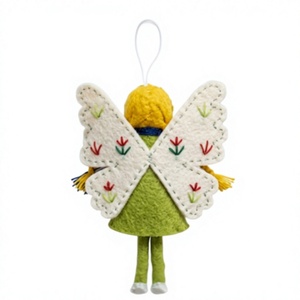 Ornement traditionnel de fée verte, ailes brodées de fleurs, en laine, fait main, écologique, décoration murale de Noël - Product Image 3