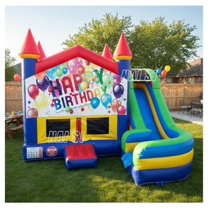 Château gonflable commercial pour enfants avec toboggan, durable, 5x5m, bannière joyeux anniversaire - Product Image 1