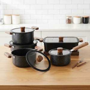 مجموعة أواني طهي صحية غير لاصقة من الفولاذ المقاوم للصدأ 410 ثلاثي الطبقات بتصميم بسيط، تشمل قدر للحساء وقدر للحليب بمقابض خشبية آمنة للطعام - Product Image 1