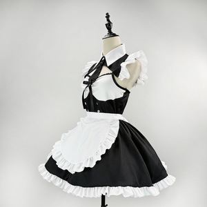 Maid Outfit Black Satin Backless A-Line Turn-down Collar Cosplay Costume Plus Size Game Uniform - Product Image 2