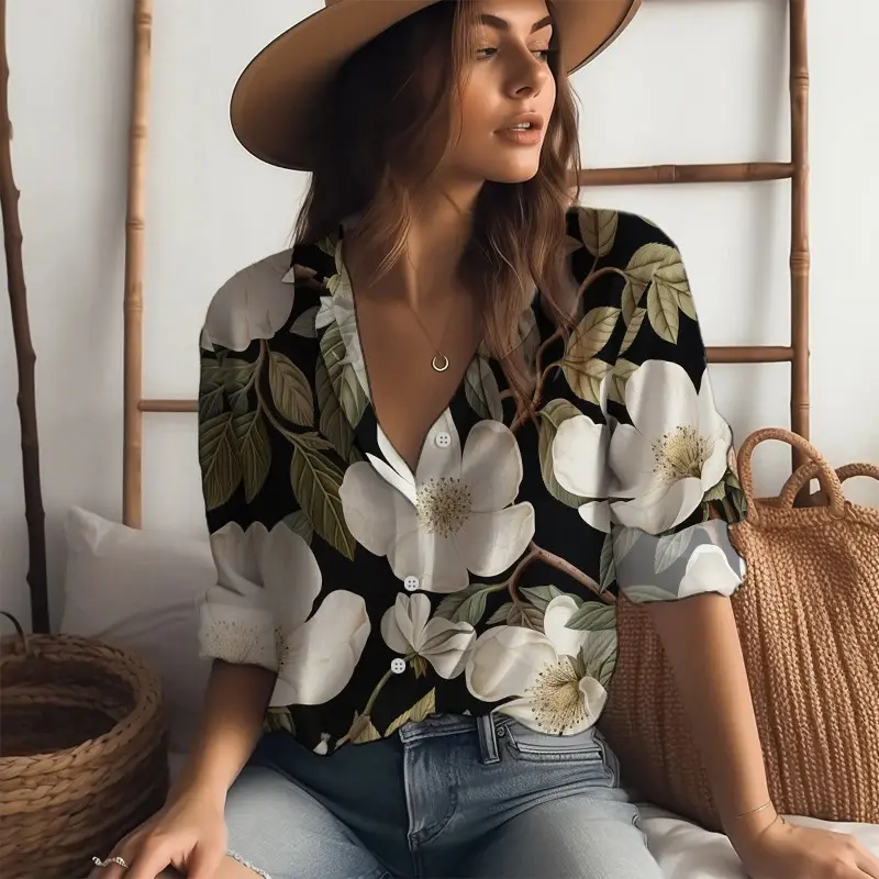 Summer hot sale women flower custom 3d print on demand blouse for women short sleeve casual hawaii style