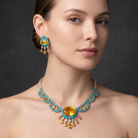 Parure de bijoux Bohème en laiton plaqué or avec collier à franges et boucles d'oreilles pendantes, ornée de citrine jaune, zircone et cristal turquoise, pour soirée