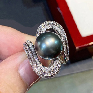 T0905 Black <b>Pearl</b> Cocktail <b>Ring</b> 925 Silver AAA Round Shape Channel Setting Women's Party Jewelry - Product Image 6