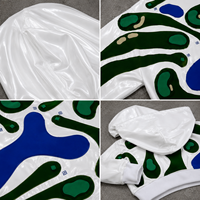 Veste à capuche zippée en satin blanc brillant pour homme, avec appliques abstraites et patchwork, style streetwear, vente en gros personnalisée