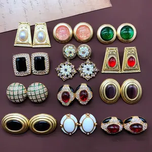 Anting Jarum Perak Wanita, Anting Klip Telinga Gaya Vintage Batu Emas Asli Permata Electroplating