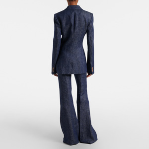 Completo da Donna Blu Scuro in Finto Denim, Blazer con Risvolto a Punta e Pantaloni a Zampa, Set Due Pezzi per Ufficio e Casual - Product Image 2