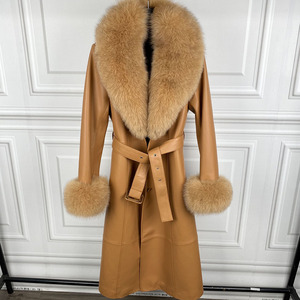 Nuovo Cappotto in Vera <span class=keywords><strong>Pelle</strong></span> da Donna per l'Autunno con Collo in Pelliccia di Volpe, Elegante Cappotto in <span class=keywords><strong>Pelle</strong></span> per Signore - Product Image 5