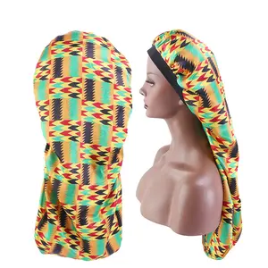 Double layer African printing colorful designer spandex satin braid bonnet cap stylish black long hair bonnets and elastic bands