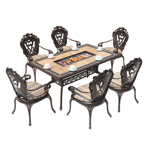 Outdoor Cast <b>Aluminum</b> Garden Set 6 Seater <b>Table</b> With Grill And Hot Pot Tile Top Traditional Style For Courtyard Use - Product Image 1