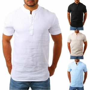 Manica corta Da Uomo <span class=keywords><strong>Camicia</strong></span> Casuale di Estate di Colore Solido Del Collare Del Basamento Pulsante Mezza <span class=keywords><strong>Aperto</strong></span> Camicie di Lino - Product Image 1
