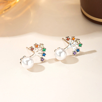 Boucles d'oreilles clous en or étincelant avec six pierres précieuses colorées et pendentif perle, base dorée, bijoux de mode pour femme, cadeau