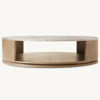 Table basse ronde moderne de luxe avec plateau en pierre et base en bois massif, élégante table centrale circulaire pour le salon
