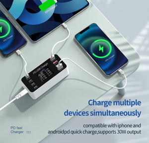 שולחן העבודה של 65w multi-port <span class=keywords><strong>pd</strong></span> <span class=keywords><strong>usb</strong></span> c מטען מהיר 8 יציאות 30w סוג-c <span class=keywords><strong>USB</strong></span> עם תחנת טעינה דיגיטלית lcd - Product Image 2