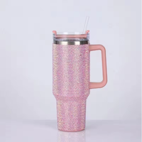 Vaso Térmico de Acero Inoxidable de 40 oz con Asa con Incrustaciones de Diamantes, Nuevo Vaso Portátil para Auto con Pedrería