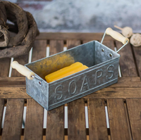 Plateau de rangement en métal galvanisé avec poignées en bois, boîte de rangement rectangulaire vintage en fer pour la décoration du comptoir de la salle de bain et de la cuisine