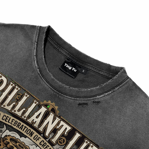 Camiseta de algodón vintage para hombre con cuello redondo, lavado ácido, efecto desgastado, gráfico de calavera mecánica punk con estampado de letras, estilo oversize streetwear - Product Image 3