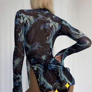 New <b>Women's</b> Split Sexy Small High Neck Long Sleeve Mesh Breathable Tie Dyed Dress <b>Women's</b> Clothing - Product Image 4