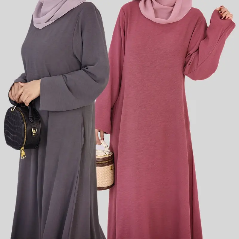 Cơ bản abaya EID dài tay áo maxi ăn mặc cầu nguyện hồi giáo quần áo khiêm tốn đồng bằng Jazz bên trong trượt Crepe đóng abaya với túi