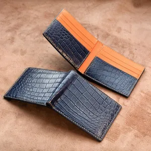 Porte-monnaie à deux volets en cuir véritable couleur marine de luxe direct d'usine pour hommes portefeuille fait main du Vietnam fournisseur de cuir de crocodile