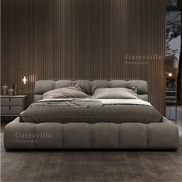 Wholesale custom luxurious modern king bed set fabric Gary metal frame furniture bedroom made in china