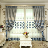 Rideaux de luxe bleu ciel brodés, rideaux semi-occultants brodés de fleurs pour salon, cantonnières