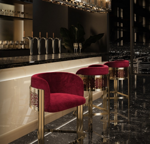 <span class=keywords><strong>Tabouret</strong></span> <span class=keywords><strong>de</strong></span> <span class=keywords><strong>bar</strong></span> haut <span class=keywords><strong>de</strong></span> gamme moderne en acier inoxydable doré et velours pour la maison, les restaurants, les hôtels, les pubs, les mariages - Product Image 1