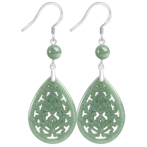 Natural Genuine A-Grade Jadeite Vintage Hollow Engraved <b>Stud</b> <b>Earrings</b> Bean-Shaped S925 <b>Silver</b> <b>Set</b> Jade Ethnic Anniversary Gift - Product Image 5