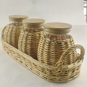 Mimbre decorado frasco de vidrio con la tapa de bambú/<span class=keywords><strong>cesta</strong></span> de mimbre tejida con mango para almacenamiento - Product Image 6