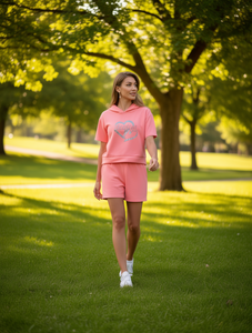 Tc341 Set di pantaloncini casual con cappuccio da donna, in poliestere leggero, tinta unita, stampa logo frontale, elastico in vita, tasche laterali, abbigliamento estivo - Product Image 2