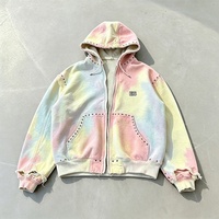 Sweat à capuche tie-dye personnalisé de haute qualité, style streetwear décontracté, effet vieilli et déchiré, broderie épaisse, doublé, pour homme, avec rivets