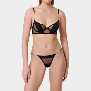 Ensemble de lingerie sexy en maille pour femmes, soutien-gorge à armatures et culotte string, ensemble 2 pièces avec chaîne dorée, style français, sous-vêtements transparents - Product Image 1