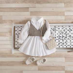 1～6歳女児用レギュラースリーブチェック柄通気性Aラインシルエット2ピースセット春ワンピース - Product Image 3