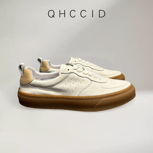 QHCCID <b>White</b> Leather Sneakers Low <b>Heel</b> Lace-Up Casual Daily Wear - Product Image 4