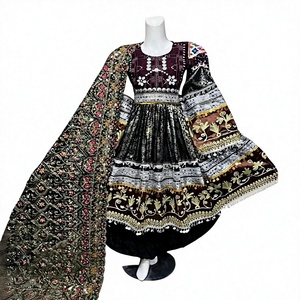 Robe afghane Kuchi faite à la main avec broderies et pièces de monnaie, ensemble dupatta, tenue de fête tribale, robe longue à manches longues pour femme, style décontracté - Product Image 1