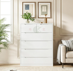 White Bedroom Vanity with 6 Wooden Drawers, Tall Cabinet &amp; Modern Smooth Metal <strong>Slides</strong>, Handleless Design - Product Image 2