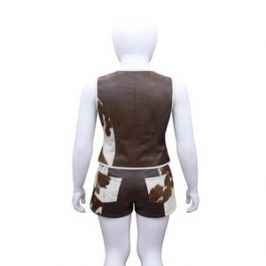 <b>Women's</b> Cowhide Patchwork <b>Leather</b> Set | Genuine <b>Leather</b> Cow Print Asymmetric Western Style Outfit for Summer - Product Image 2